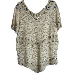 Embroidered Lace Crochet Short Sleeve Ivory Blouse Top Cami Sz S Boho Y2K Retro